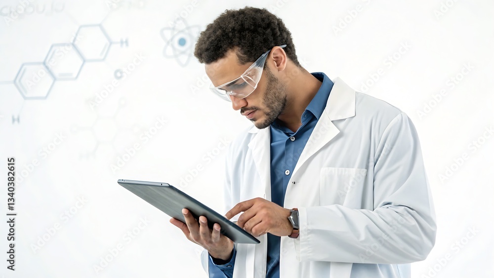 Medical Researcher Reviewing Data on a Digital Tablet, Isolated on a White Background, High-Quality Science Technology Image symbolizing modern healthcare technology and data-driven research. Medical Researcher Reviewing Data on a Digital Tablet, Isolated on a White Background, High-Quality Science Technology Image symbolizing modern healthcare technology and data-driven research.