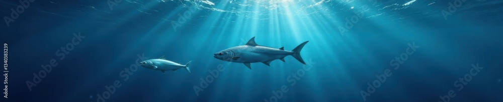 Obraz premium Silvery fish swim beneath a dark blue ocean surface with waves and ripples, waves, sea