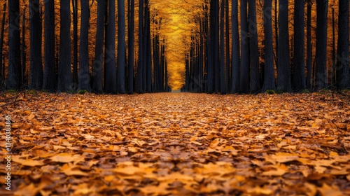 Macro flowers landscapes concept. Serene autumn forest path covered with vibrant orange leaves and tall trees.