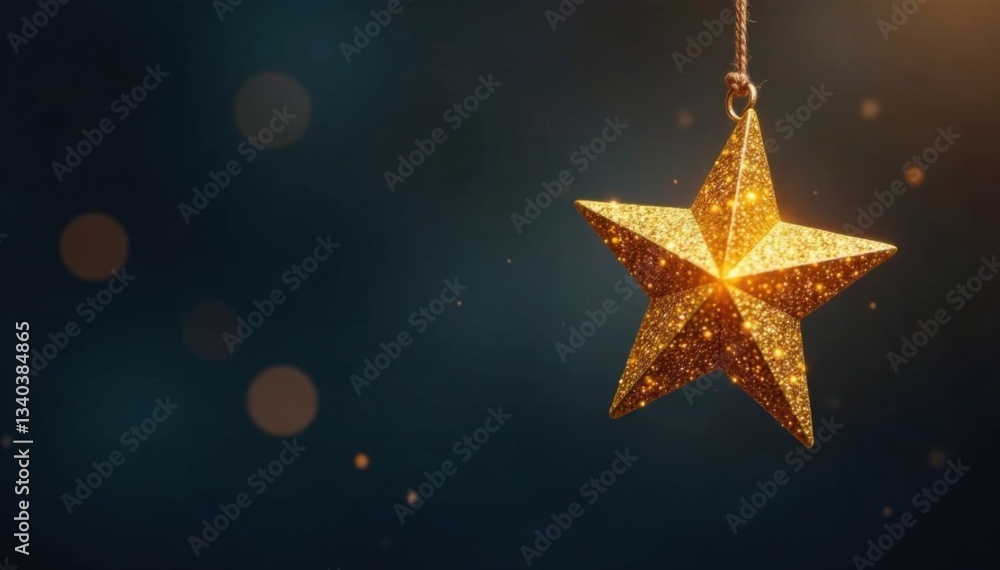 Fototapeta premium Small golden star suspended from black thread, decoration, drop, shimmer