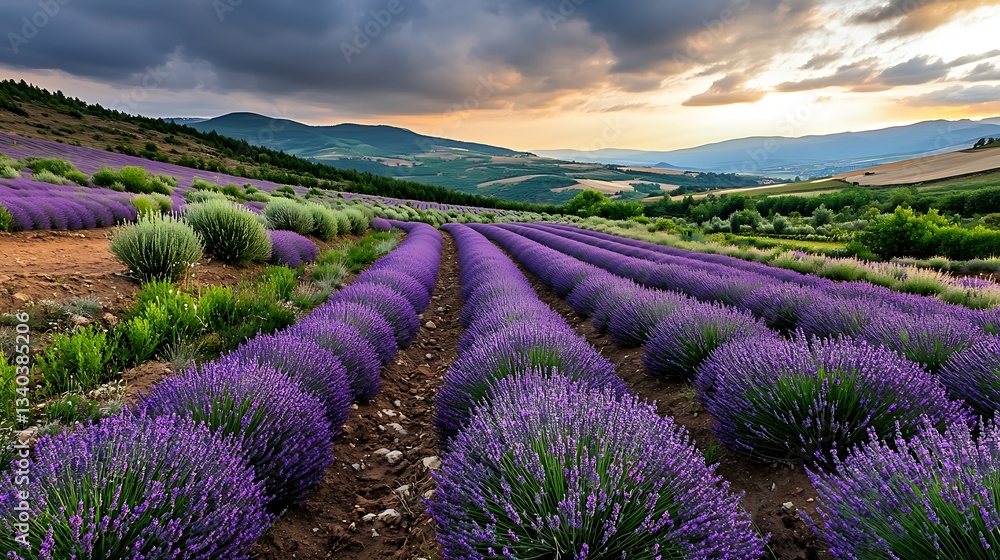 Lavender fields in full bloom stretching into the horizon a serene landscape in provence france Lavender fields in full bloom stretching into the horizon a serene landscape in provence france