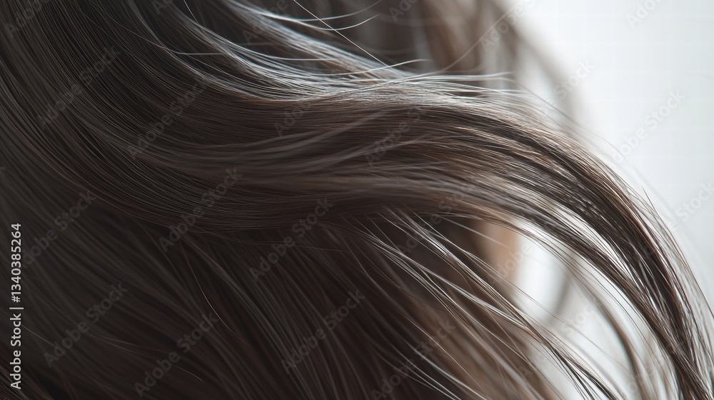 Naklejka premium Beautiful model girl with Brown hair strand,silky healthy chestnut wavy hair strand,hair wavy ribbon, with smooth,Keratin straightening,Treatment,straight long hair,procedures,Smooth hairstyle.