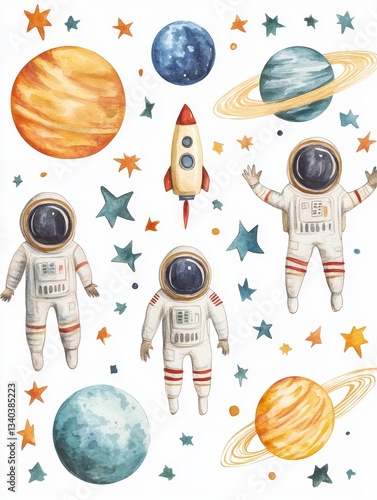 A painting of astronauts and a rocket in space