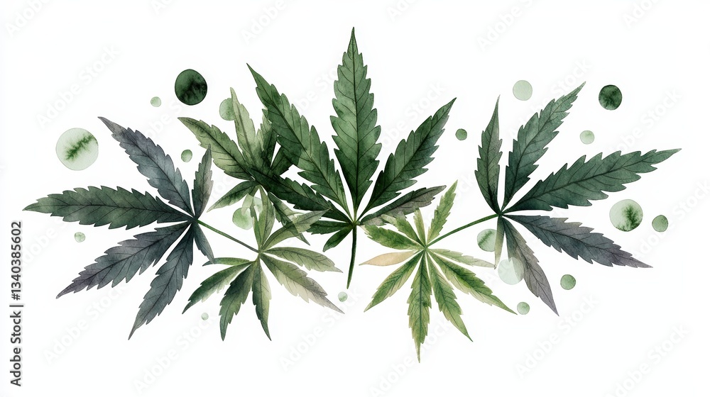 Beautiful watercolor illustration of cannabis leaves with various shades of green, perfect for botanical and wellness themes. Beautiful watercolor illustration of cannabis leaves with various shades of green, perfect for botanical and wellness themes.