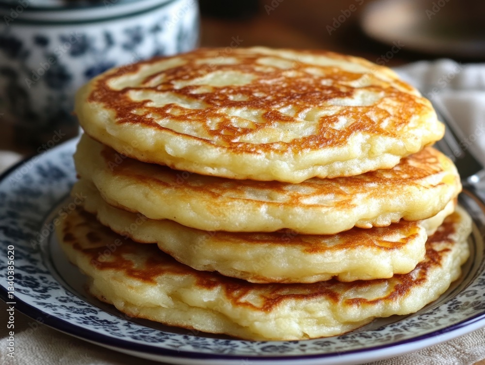 Stack of Delicious Golden Pancakes on Decorative Plate Capturing Breakfast Still Life and Culinary Delight with Warm Tones and Rustic Charm for Food Photography Stack of Delicious Golden Pancakes on Decorative Plate Capturing Breakfast Still Life and Culinary Delight with Warm Tones and Rustic Charm for Food Photography