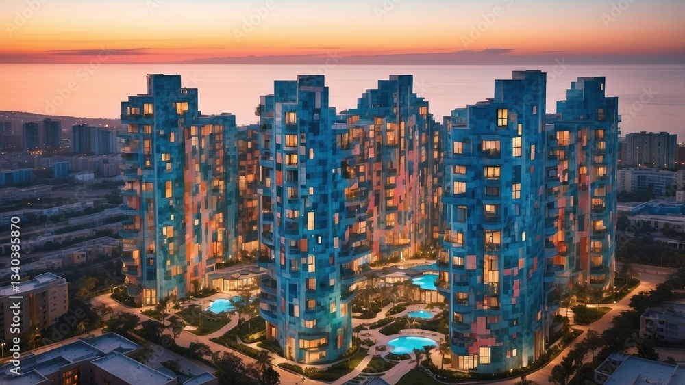 Obraz premium A close-up view of a multi-story apartment building facade,