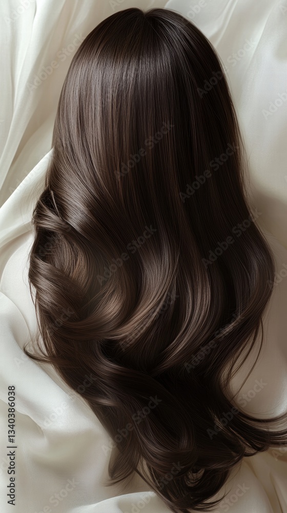 Naklejka premium Beautiful model girl with Brown hair strand,silky healthy chestnut wavy hair strand,hair wavy ribbon, with smooth,Keratin straightening,Treatment,straight long hair,procedures,Smooth hairstyle.