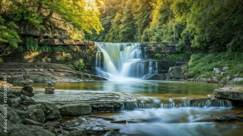 Obraz premium Tranquil Forest Waterfall with Flowing Mist