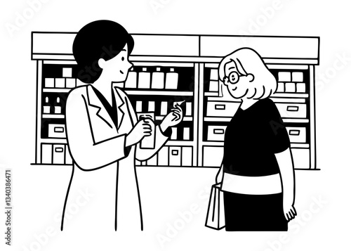 Female pharmacist selling medications at drugstore to a senior woman customer