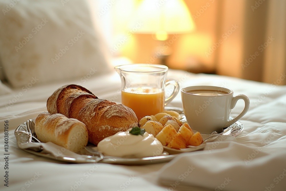 Luxurious breakfast on bed with fresh bread orange juice and coffee for a relaxing morning in a hotel room with soft light and cozy atmosphere Luxurious breakfast on bed with fresh bread orange juice and coffee for a relaxing morning in a hotel room with soft light and cozy atmosphere