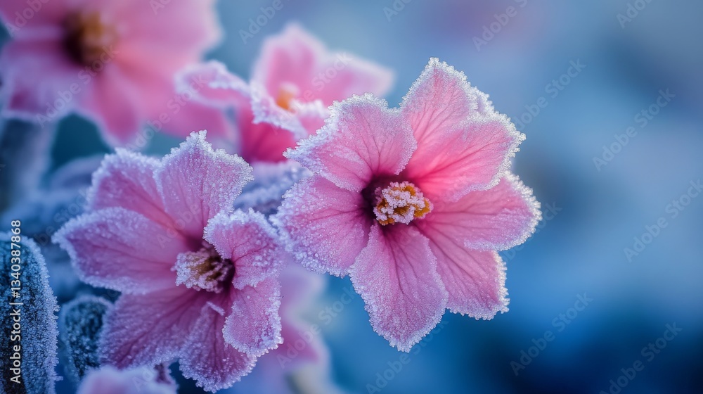Close-up of frost-covered pink flowers in morning light. Nature and winter beauty concept Close-up of frost-covered pink flowers in morning light. Nature and winter beauty concept
