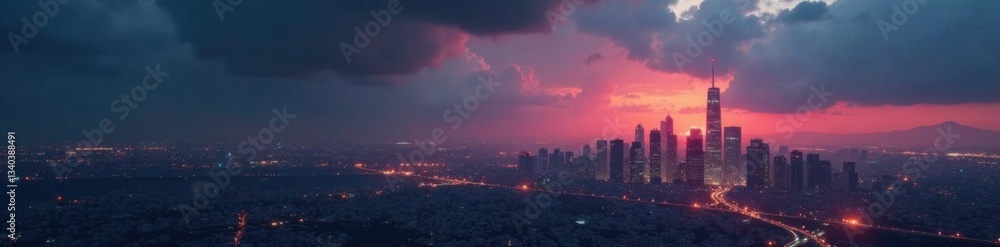 Fototapeta premium Dark grey to charcoal gradient background with a futuristic cityscape at dusk, abstract, modernity