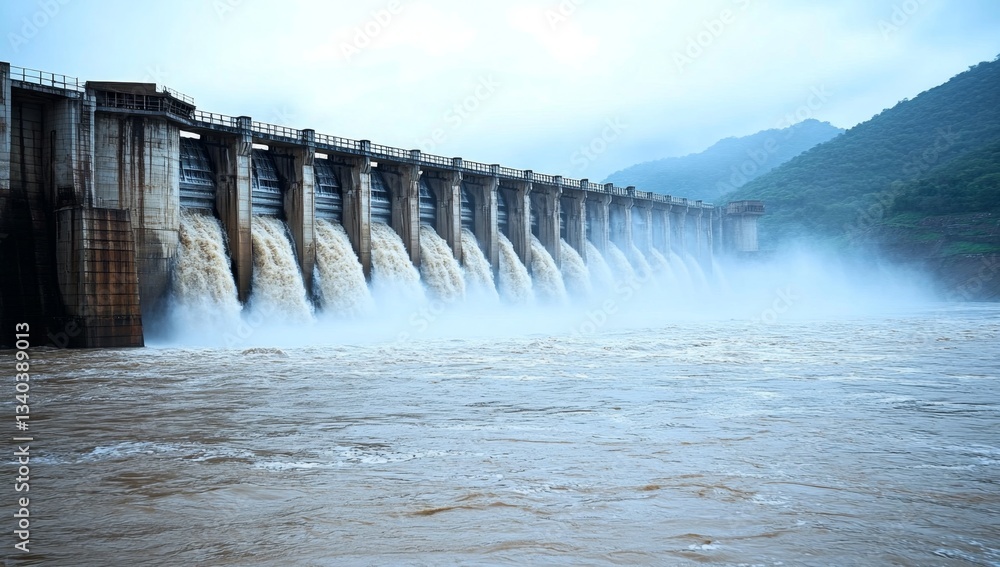 Dam releasing water, cloudy sky, mountains in background, hydropower use Dam releasing water, cloudy sky, mountains in background, hydropower use