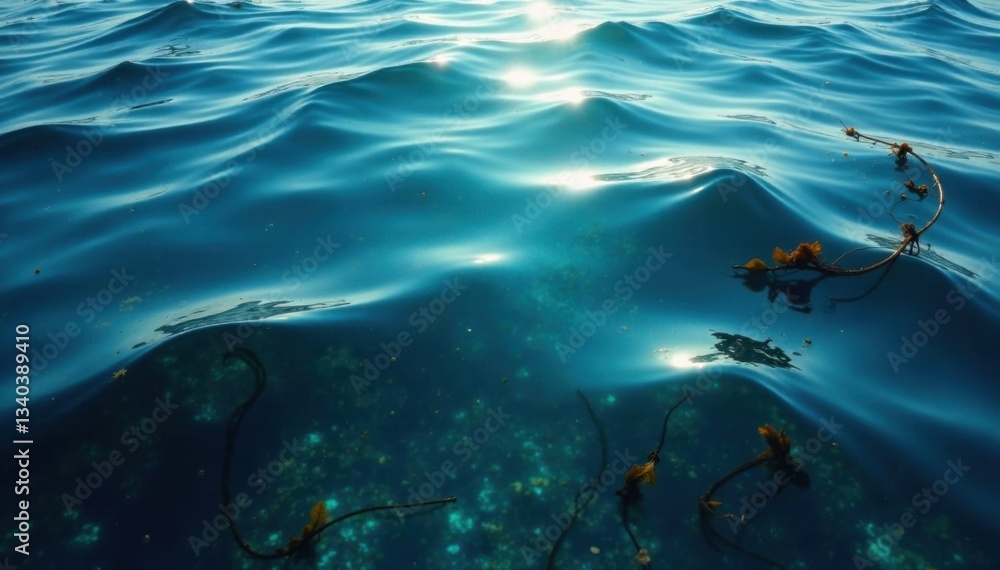 Fototapeta premium Dark blue ocean surface reflection with seaweed swaying gently in the water, underwater ocean scene blue,