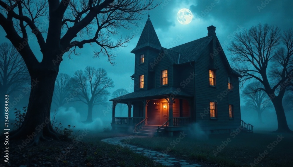 Dark spooky haunted house at night with creepy trees and fog , creepy, fog Dark spooky haunted house at night with creepy trees and fog , creepy, fog