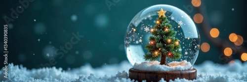 Decorated evergreen tree inside a snow globe with sparkling ice and snowflakes, evergreen, festive
