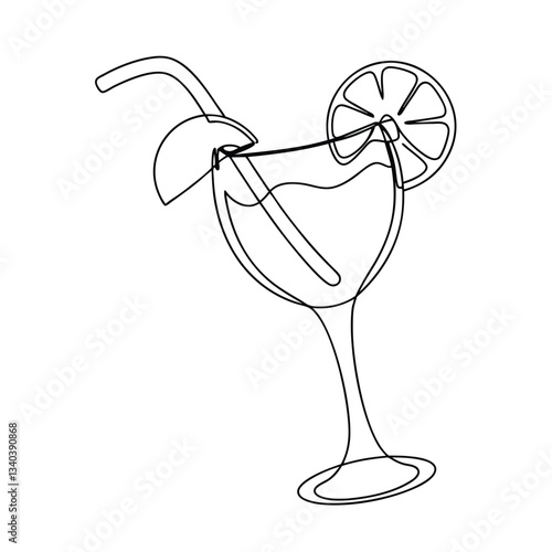 Single line Cocktail Drawing Summer Drink, Citrus Garnish, Straw