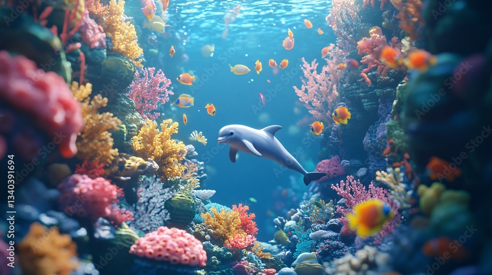 Fototapeta premium A beautiful dolphin swims through a vibrant coral reef environment