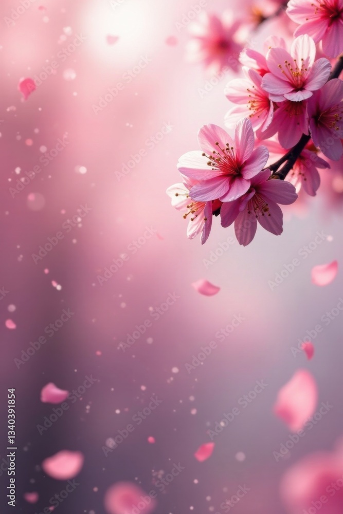 Soft pink sakura petals gently floating downwards in a serene cherry blossom scene, background, soft Soft pink sakura petals gently floating downwards in a serene cherry blossom scene, background, soft