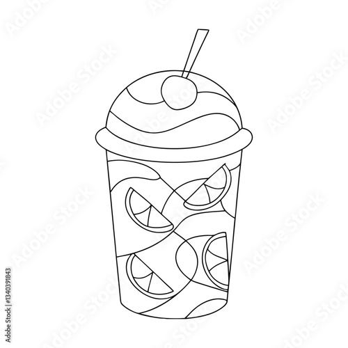 Refreshing Lime Smoothie Drink, Cherry Topping, Summer Beverage, Outline Illustration