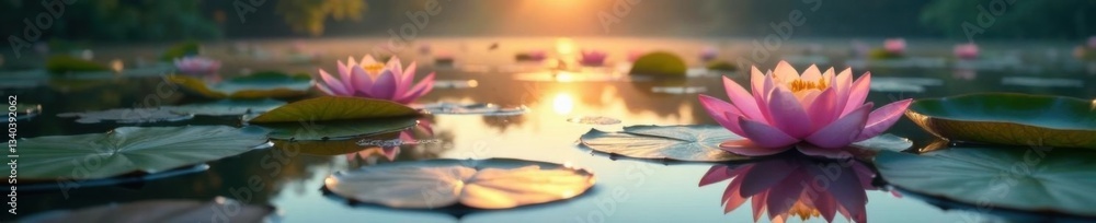 Soft water lily pads on a serene lake at dawn, dawn, misty Soft water lily pads on a serene lake at dawn, dawn, misty