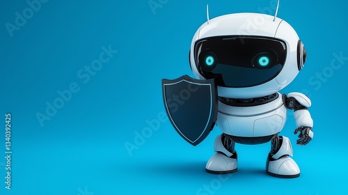 Cute robot character holding a shield, representing security and protection in the digital age. Ideal for tech-related themes.