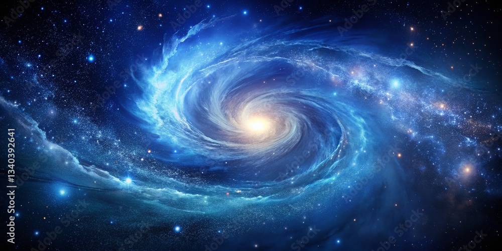 Obraz premium Majestic Nebula: Dark Blue Cosmic Background with Sparkling Stars and Copy Space