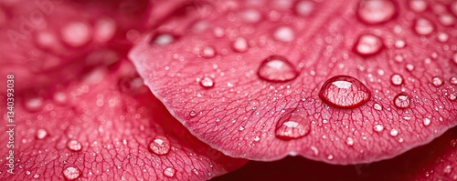 Macro flowers landscapes concept. Close-up of a pink flower petal adorned with glistening water droplets.