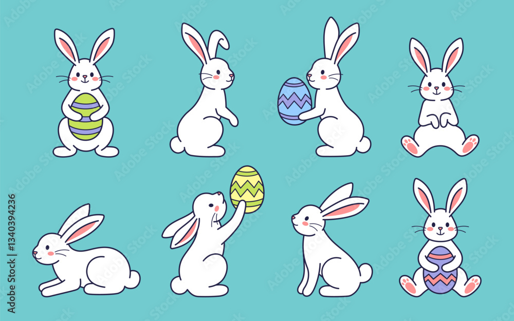Easter character set. Bunny, rabbit, hare holding with painted egg. Vector flat design, outline illustration. Easter character icon, mascot, sticker. Happy Easter concept collection Easter character set. Bunny, rabbit, hare holding with painted egg. Vector flat design, outline illustration. Easter character icon, mascot, sticker. Happy Easter concept collection