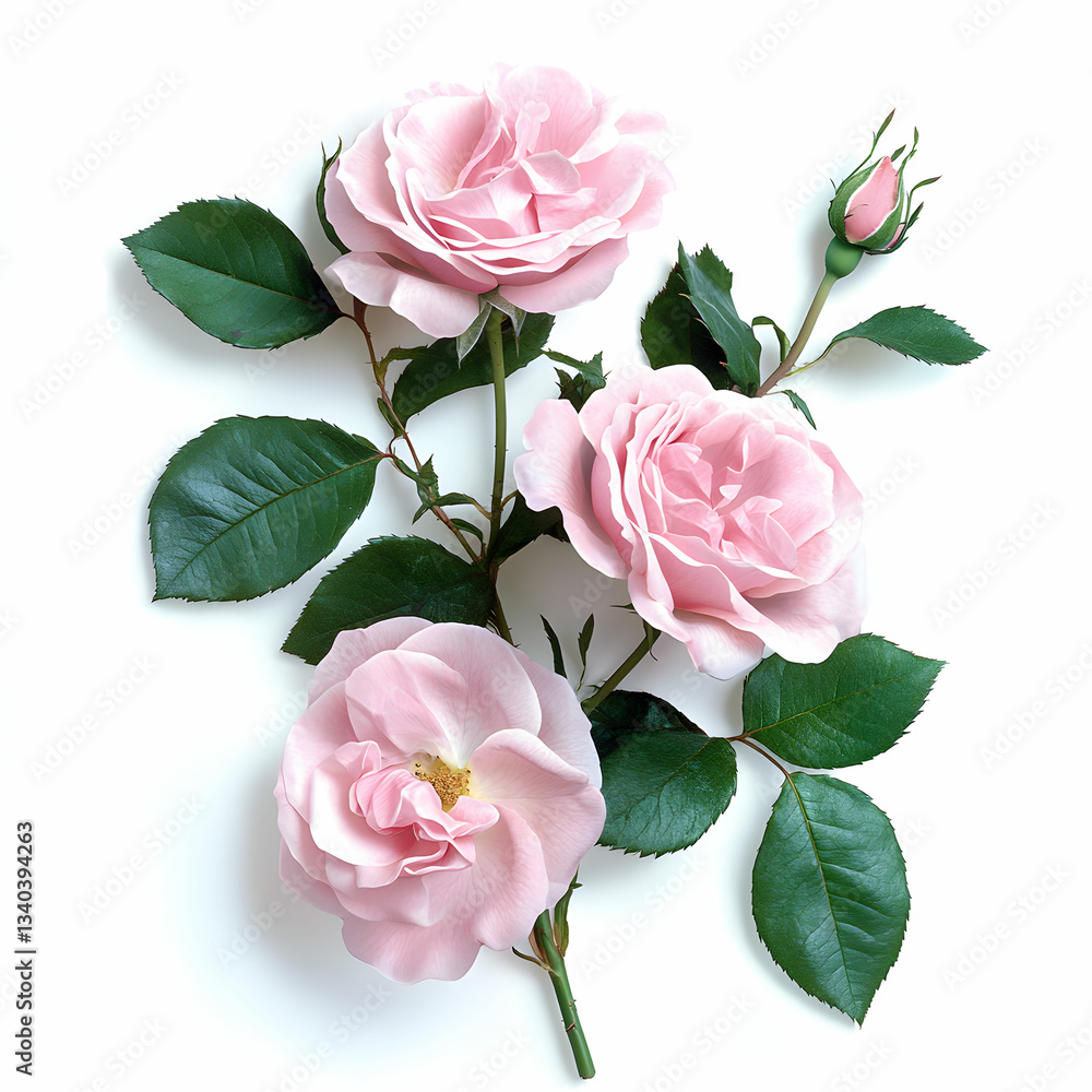 Fototapeta premium Beautiful pink roses with lush green leaves, cut out against a clean white background, showcasing their delicate petals