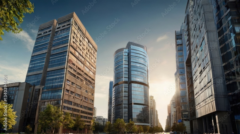Fototapeta premium Modern city skyline at dawn, urban buildings, business district, sunrise
