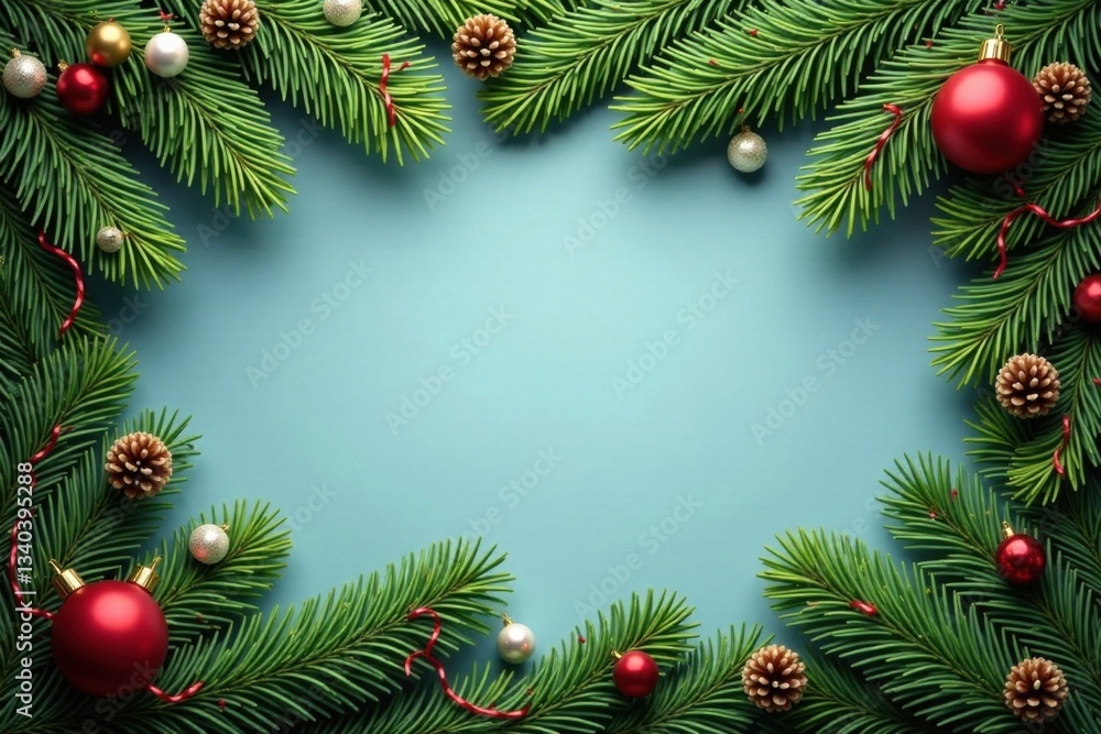 Dense coniferous branches weave a festive border, festive, christmas Dense coniferous branches weave a festive border, festive, christmas