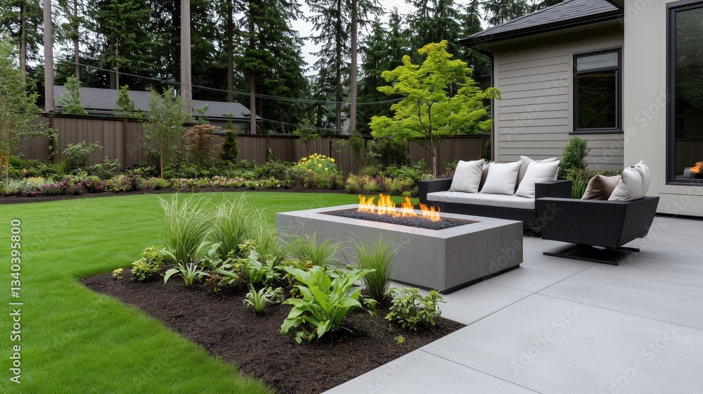 Fototapeta premium A fire pit is surrounded by a lush green lawn and a few potted plants. The fire pit is surrounded by a brick wall and a wooden fence. The patio is furnished with a couple of chairs and a couch