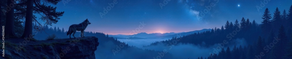 Dense forest under starry night sky with lone wolf standing on a cliff edge , rocks, forest, moon Dense forest under starry night sky with lone wolf standing on a cliff edge , rocks, forest, moon