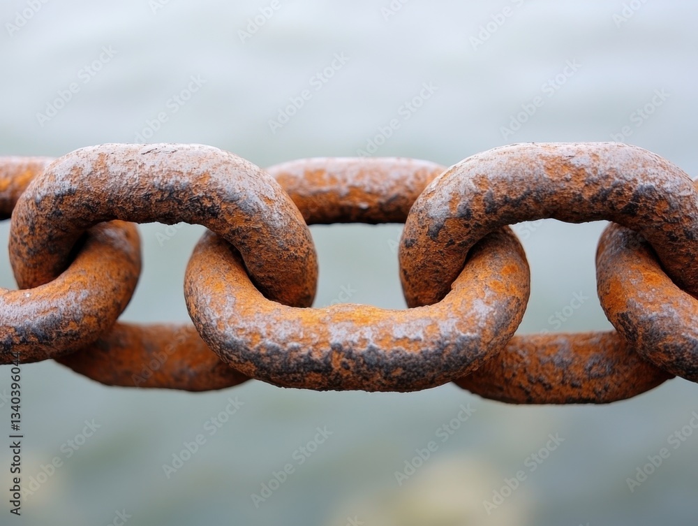 Close up of weathered metal chain links showcasing rust and texture against a blurred background for industrial themes Close up of weathered metal chain links showcasing rust and texture against a blurred background for industrial themes