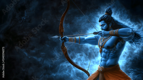 Lord Ram holding archer with majestic background. Happy Ram Navami Celebration