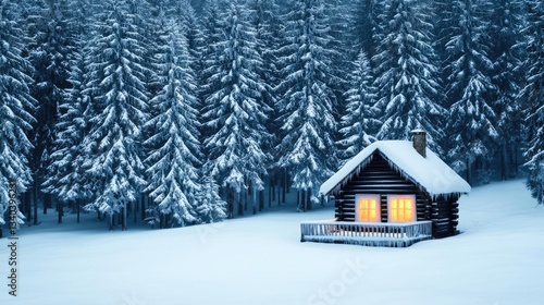 Wallpaper Mural Treehouse in the woods landscapes idea. A cozy cabin amidst a tranquil snowy forest, radiating warmth in winter solitude. Torontodigital.ca