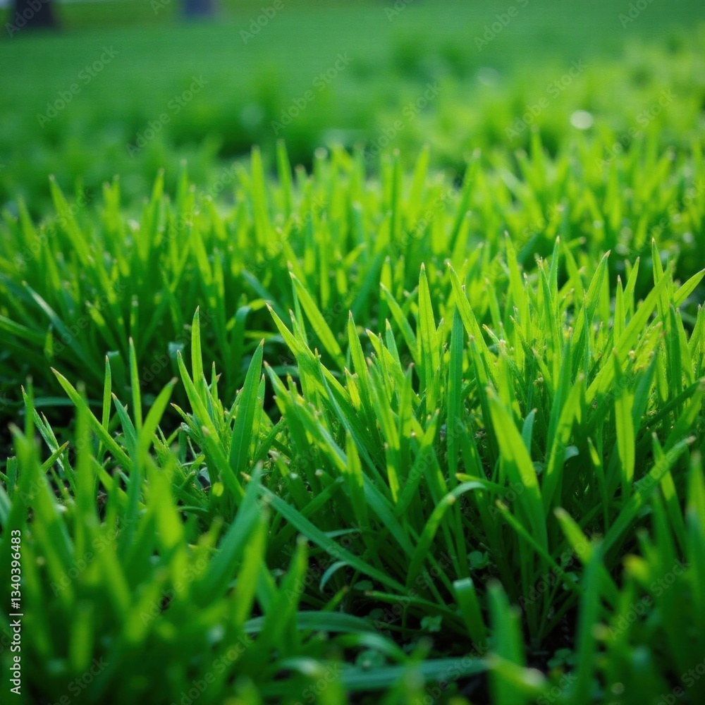 Fototapeta premium Dense tufts of vibrant green grass growing in a damp spring morning, meadow, nature