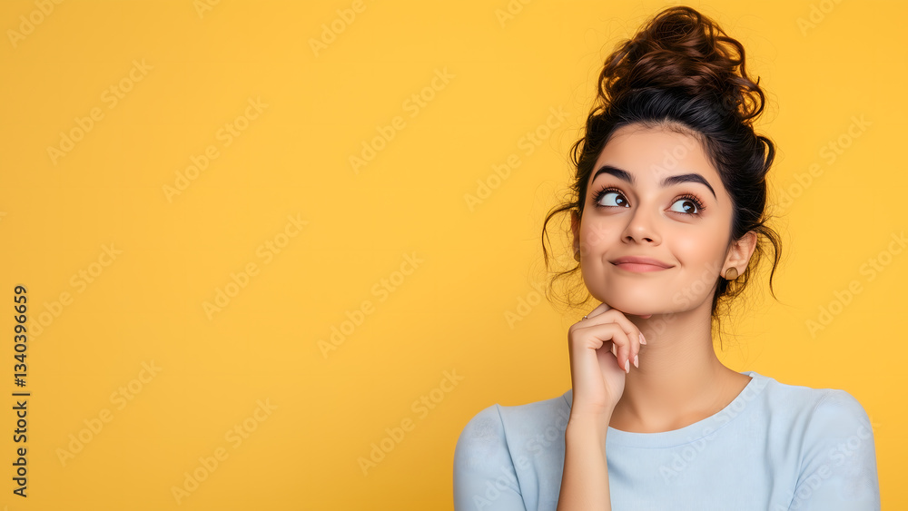Young Indian Woman in Thinking and Deciding Pose Against Yellow Background. Decision-Making and Thoughtful Expression Concept Young Indian Woman in Thinking and Deciding Pose Against Yellow Background. Decision-Making and Thoughtful Expression Concept