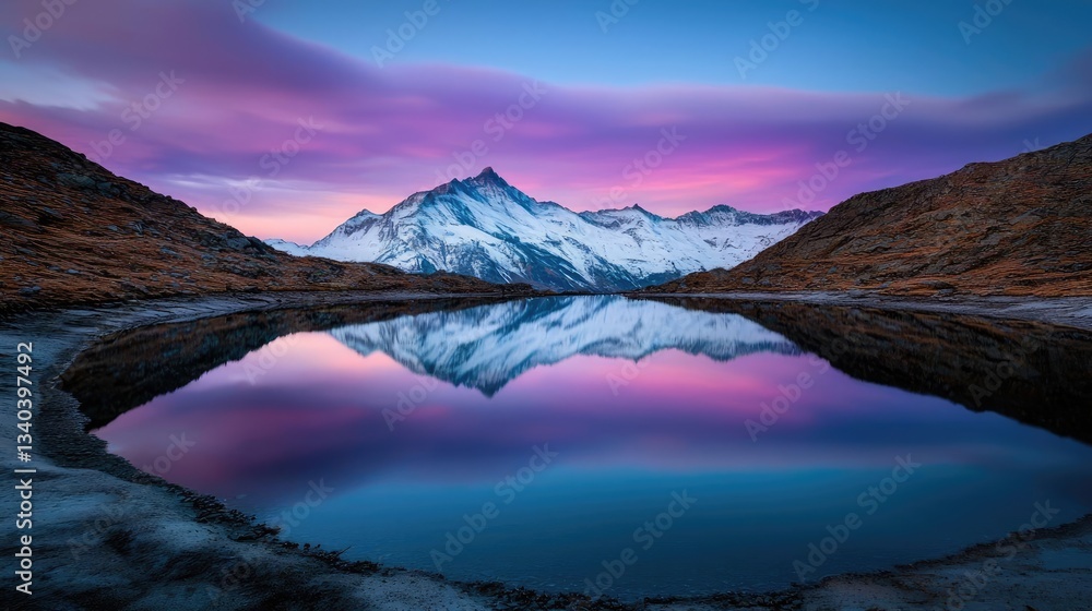 Obraz premium Mountain range landscapes concept. Breathtaking mountain reflection in a tranquil lake at sunset, showcasing vibrant colors.