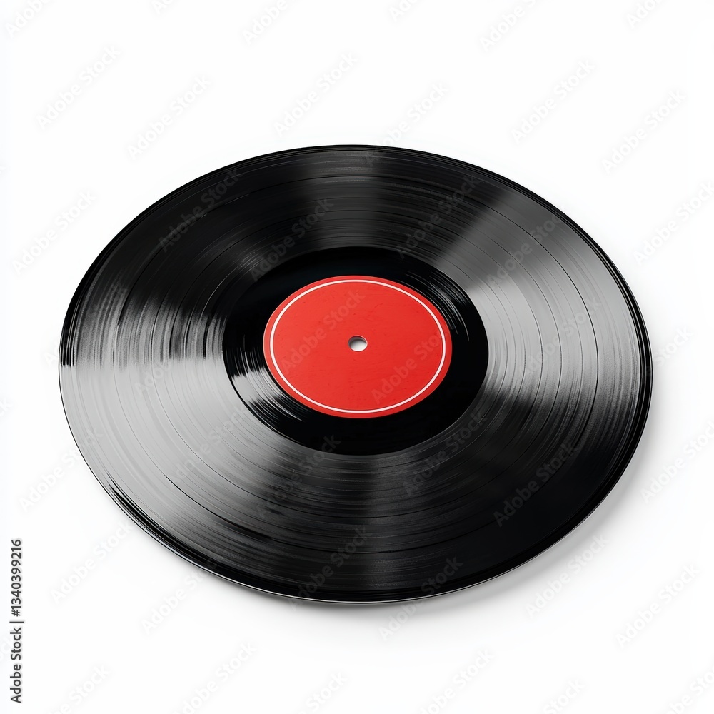 Fototapeta premium Classic black vinyl record with a striking red label, perfect for music lovers and retro-themed projects.