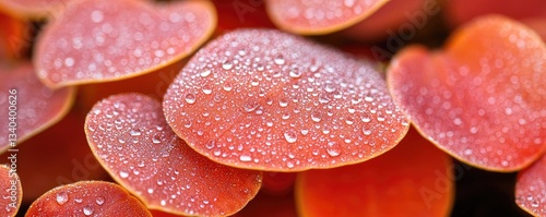 National park scenic landscapes idea. Close-up of vibrant red leaves with dew droplets, showcasing nature's beauty and detail.