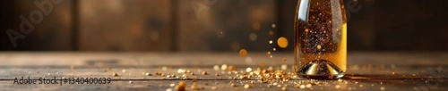 Elegant champagne bottle with confetti on a wooden table , confetti, luxury