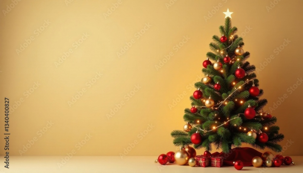 Elegant Christmas tree with vibrant ornaments and sparkling lights against a warm beige background, cozy, ornaments, ambiance Elegant Christmas tree with vibrant ornaments and sparkling lights against a warm beige background, cozy, ornaments, ambiance