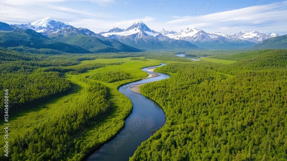 Obraz premium National park scenic landscapes idea. Aerial view of a serene river winding through lush green valleys and majestic mountains.