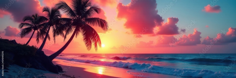 Distressed palm tree silhouetted against vibrant ocean hues, beach, filmdistress, seaside Distressed palm tree silhouetted against vibrant ocean hues, beach, filmdistress, seaside