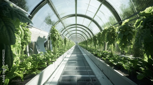 A futuristic greenhouse featuring automated nutrient delivery systems and climate controls