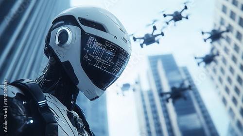 ヘルメット装備のロボットとドローンが連携し、未来都市のビル外壁を点検する次世代メンテナンス