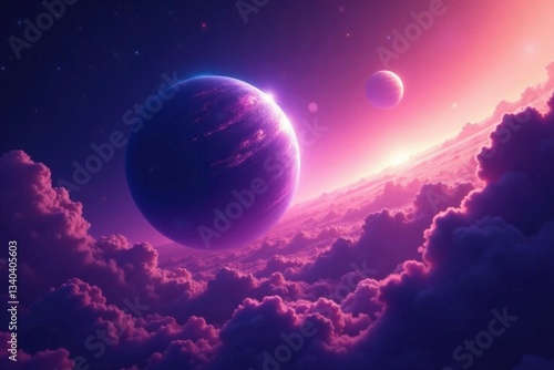 Ethereal gas giant with swirling purple clouds and vibrant starlight, dreamy atmosphere, cosmic wonder, nebulae