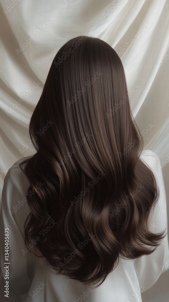 Naklejka premium Beautiful model girl with Brown hair strand,silky healthy chestnut wavy hair strand,hair wavy ribbon, with smooth,Keratin straightening,Treatment,straight long hair,procedures,Smooth hairstyle.